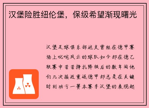 汉堡险胜纽伦堡，保级希望渐现曙光